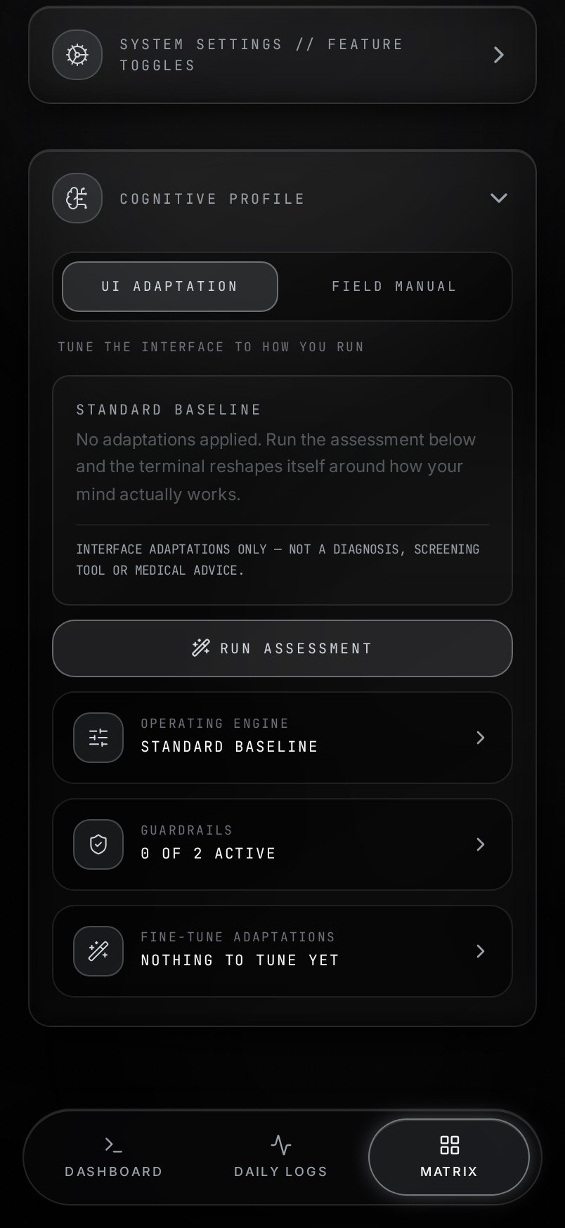 PRAXIS OS Cognitive Profile screen