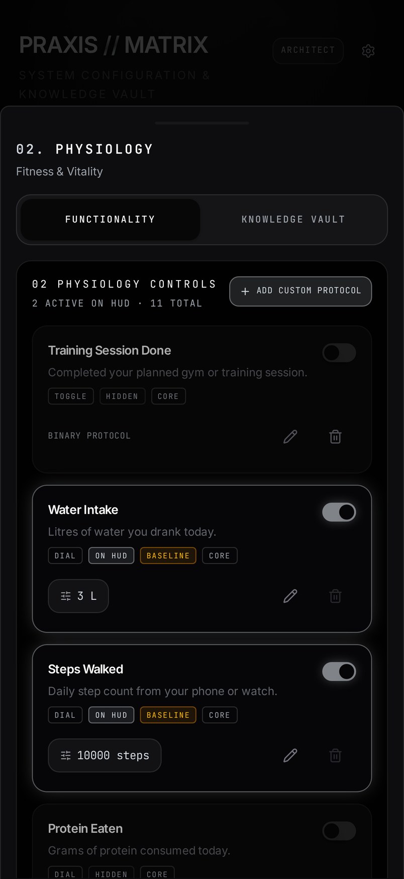 PRAXIS OS Functionality Tab screen