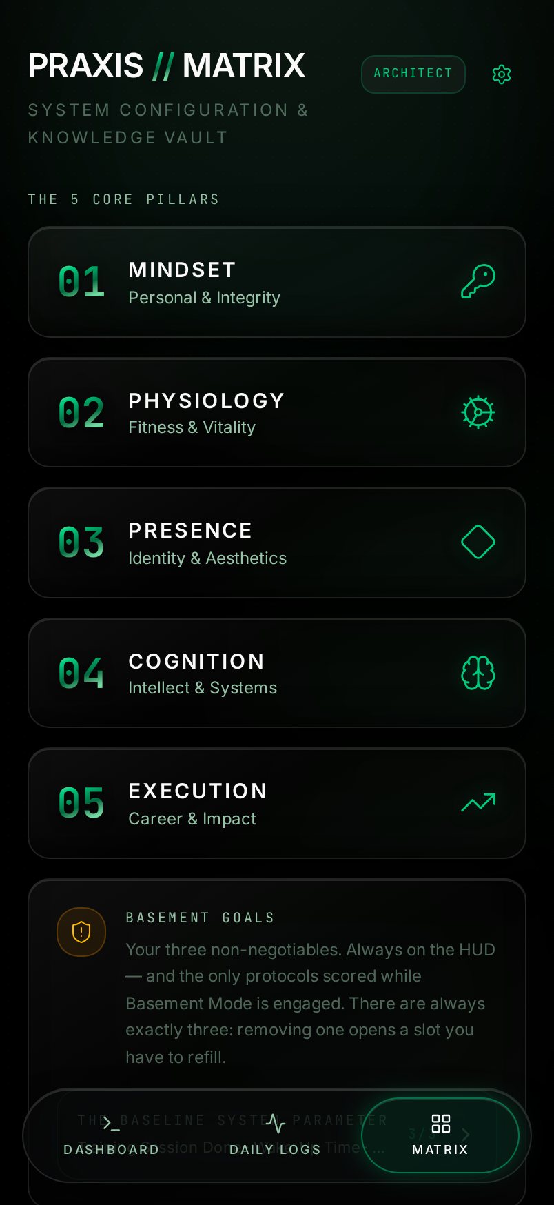 PRAXIS OS The Matrix screen