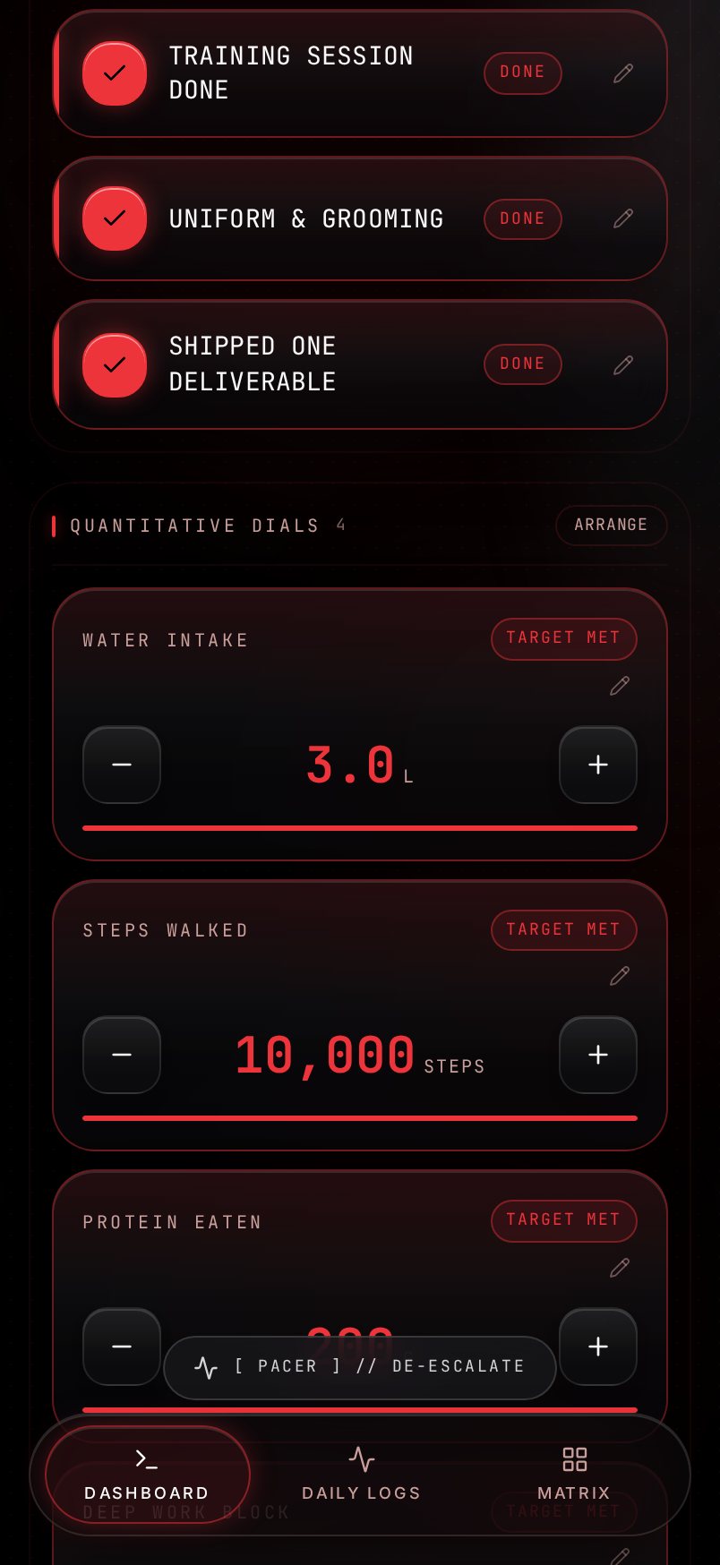 PRAXIS OS Protocols & Dials screen