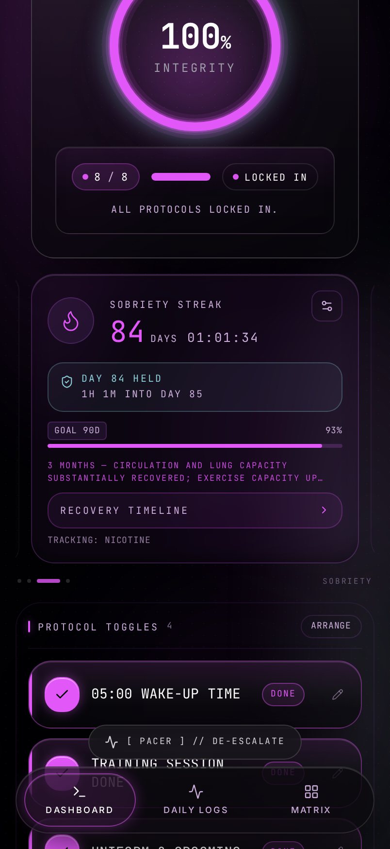 PRAXIS OS Sobriety Clock screen