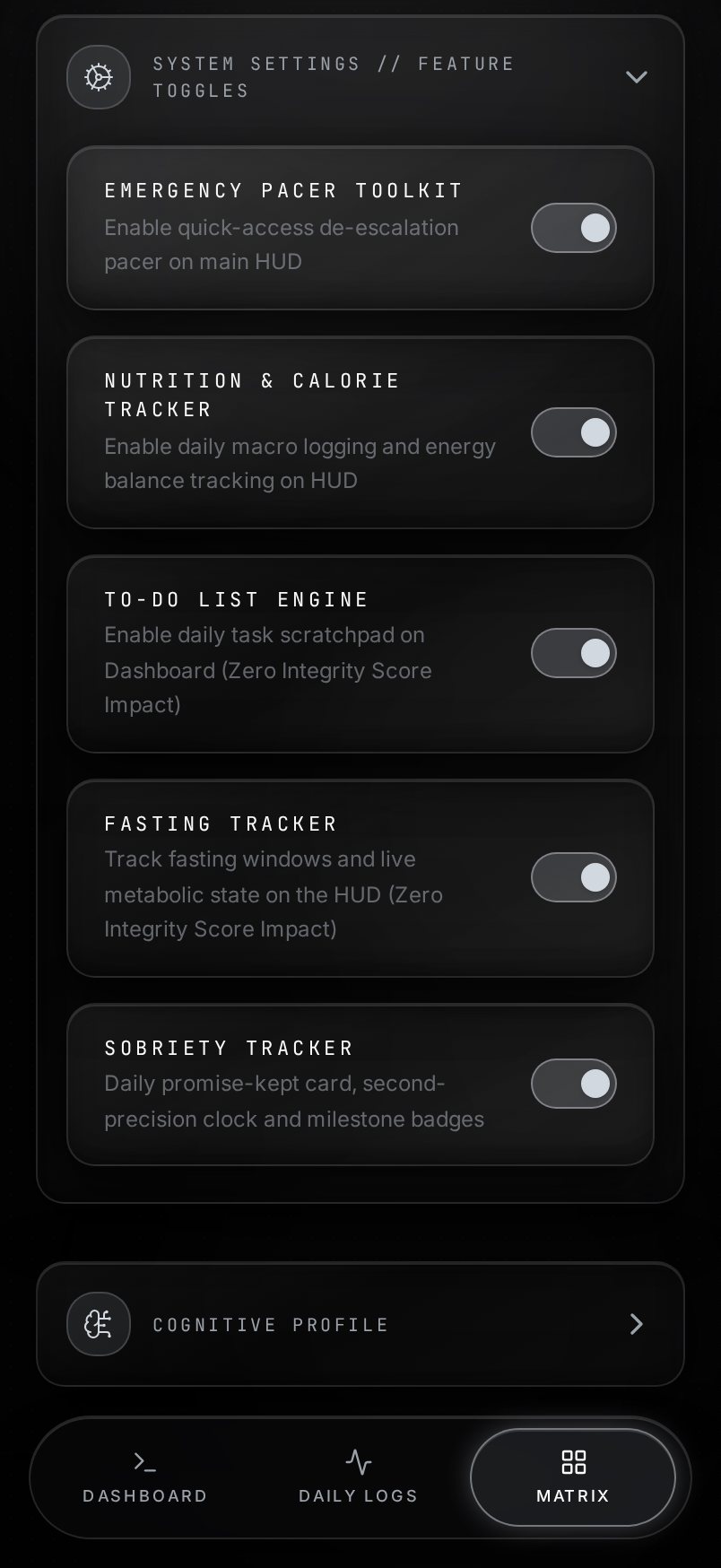 PRAXIS OS Feature Toggles screen